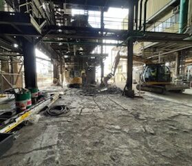 Industrial plant demolition in confined space using CAT and JCB excavators in Queensland